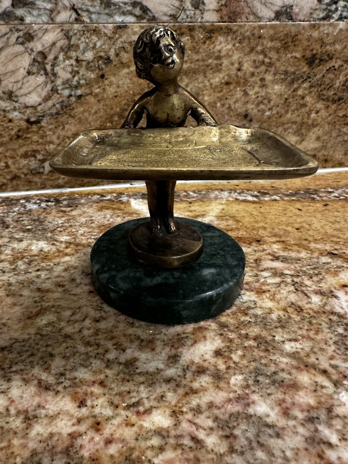 Antique / Vintage French Boy Bronze Sculpture On Marble - Soap Bar Holder Caddy