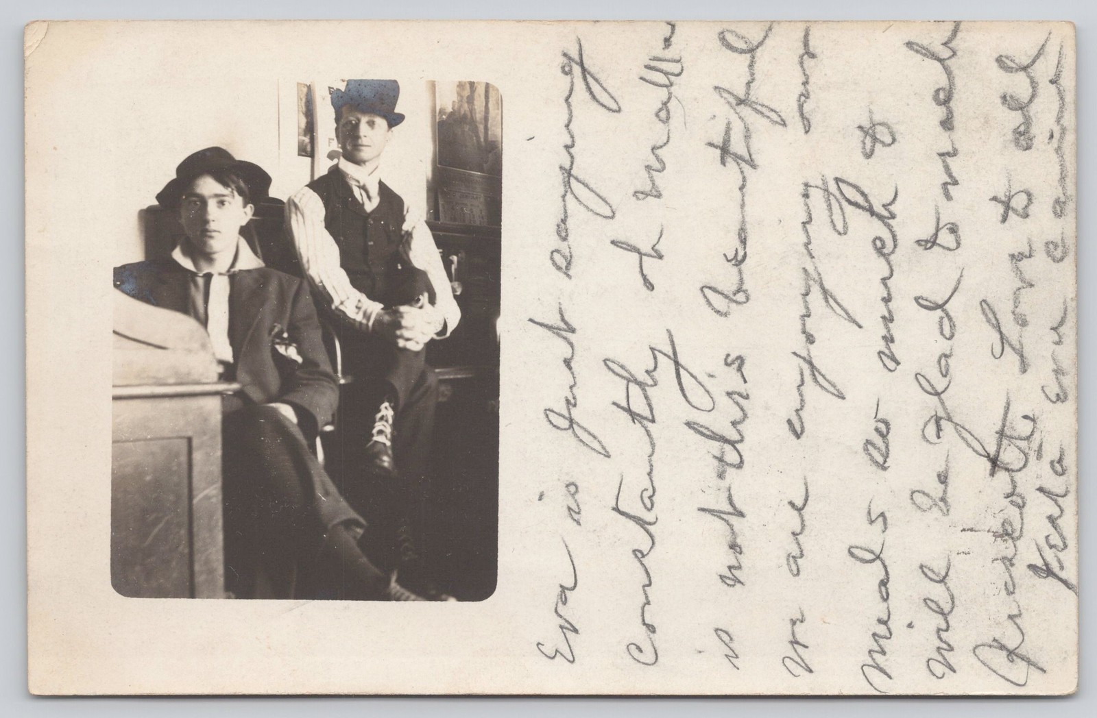 RPPC Two Young Men Seated - Bowler Hat c1909 from Colorado - Postcard