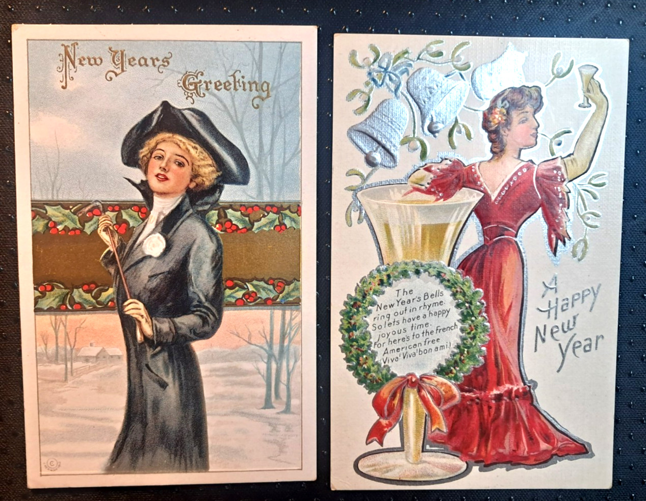 ANTIQUE PC's Pretty Ladies, Embossed, HAPPY NEW YEAR, lot of 2 different, c.1912