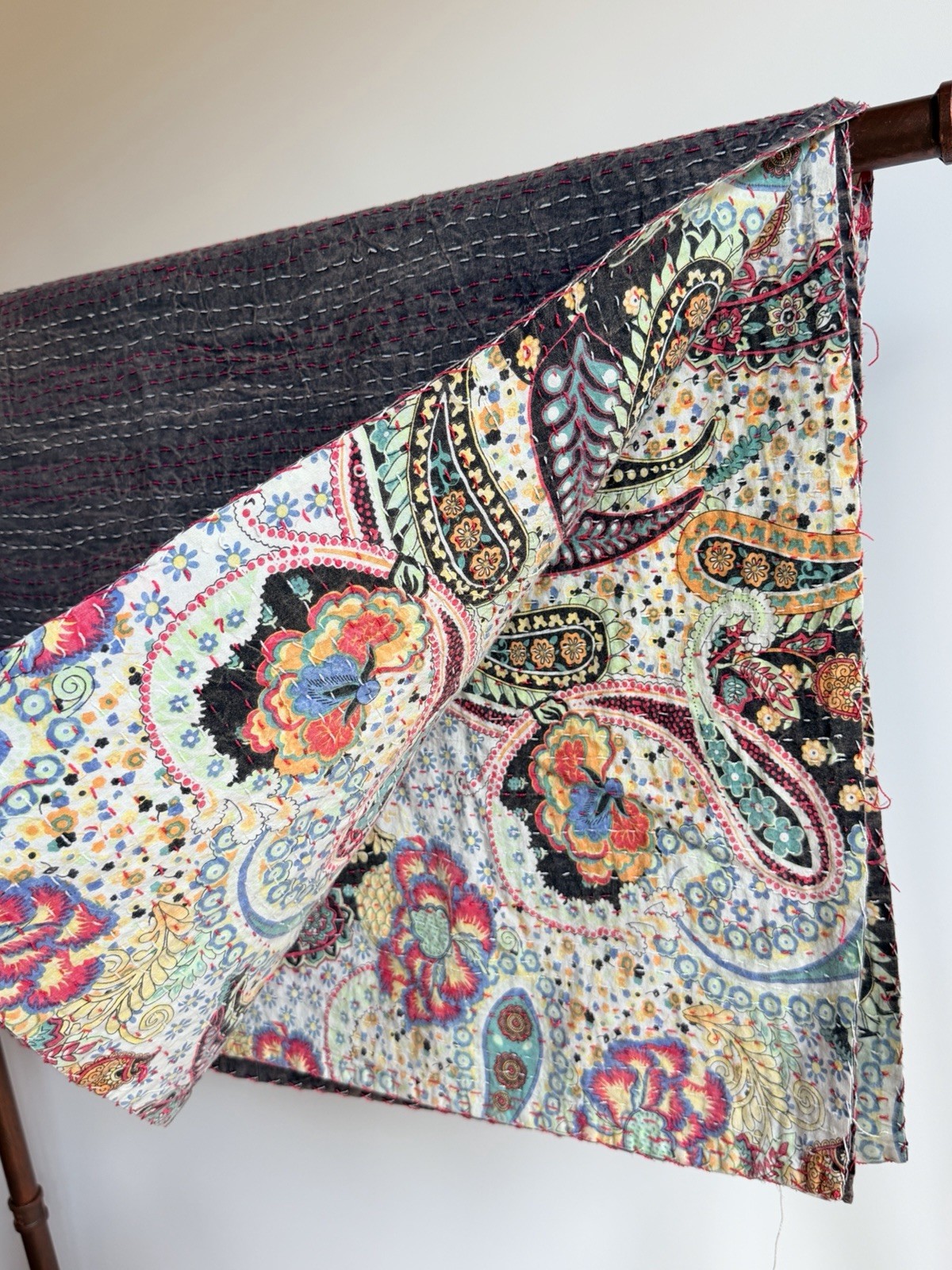 Vintage Kantha Quilt 90x86 Paisley Floral Reversible Hand Stitched Bedspread