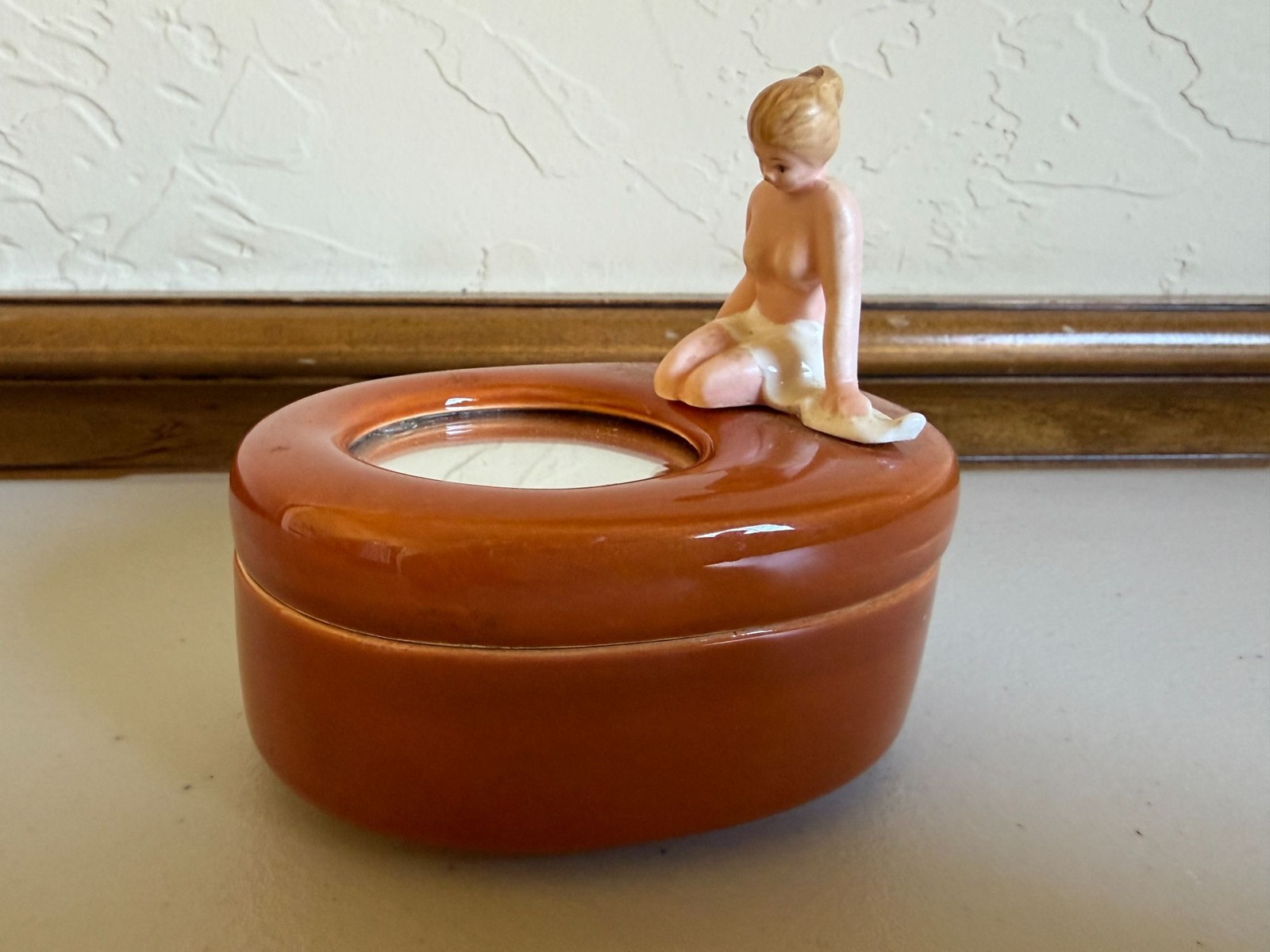 Vintage Orange Ceramic Trinket Box Bathing Beauty 1920s 1930s Mirror 