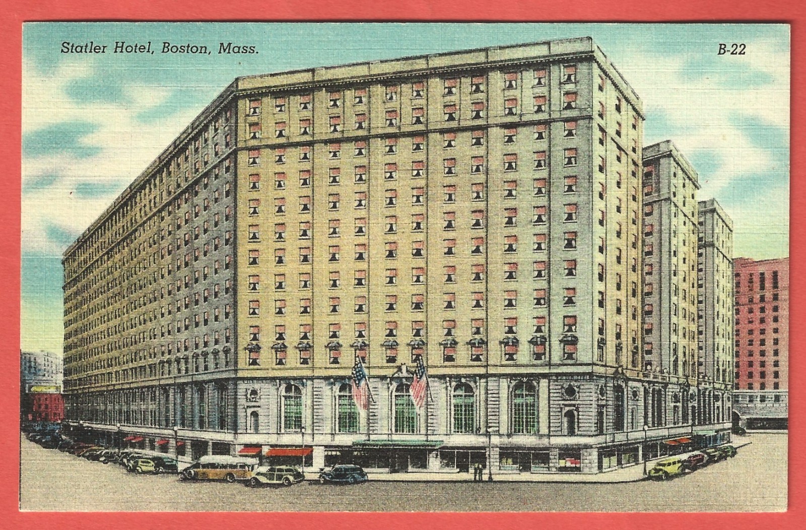 STATLER HOTEL, BOSTON, MASS. - 1940s Linen Postcard - Park Square