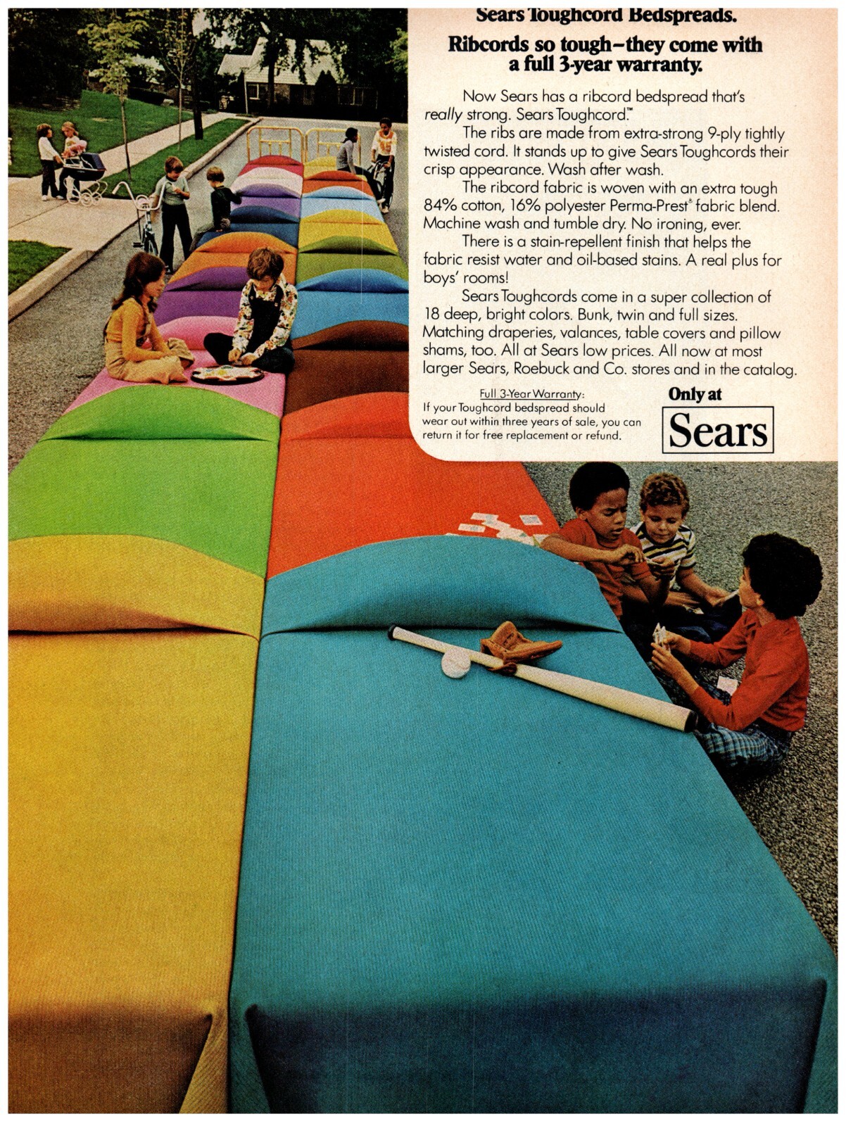 1976 PRINT AD, Sears Toughcord Bedspreads 70's Style Playground Kids Color Beds