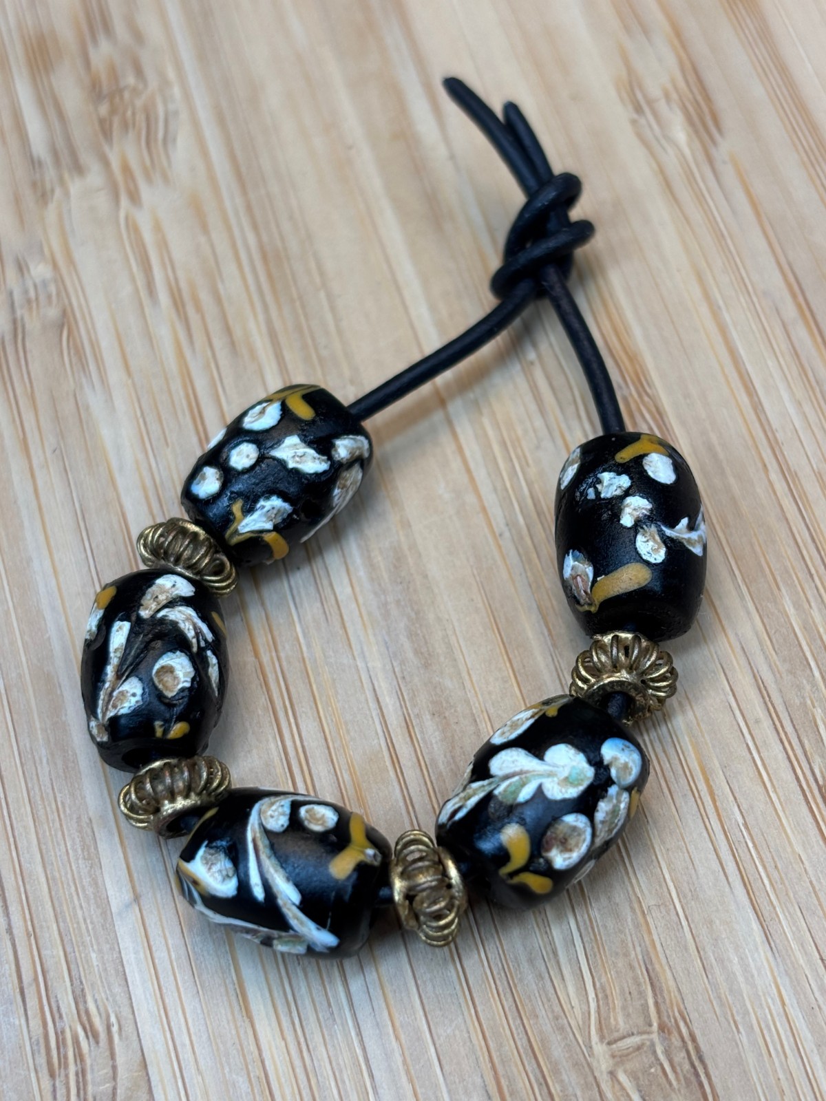 African Trade Beads Antique Venetian Fancy Black Floral x 5