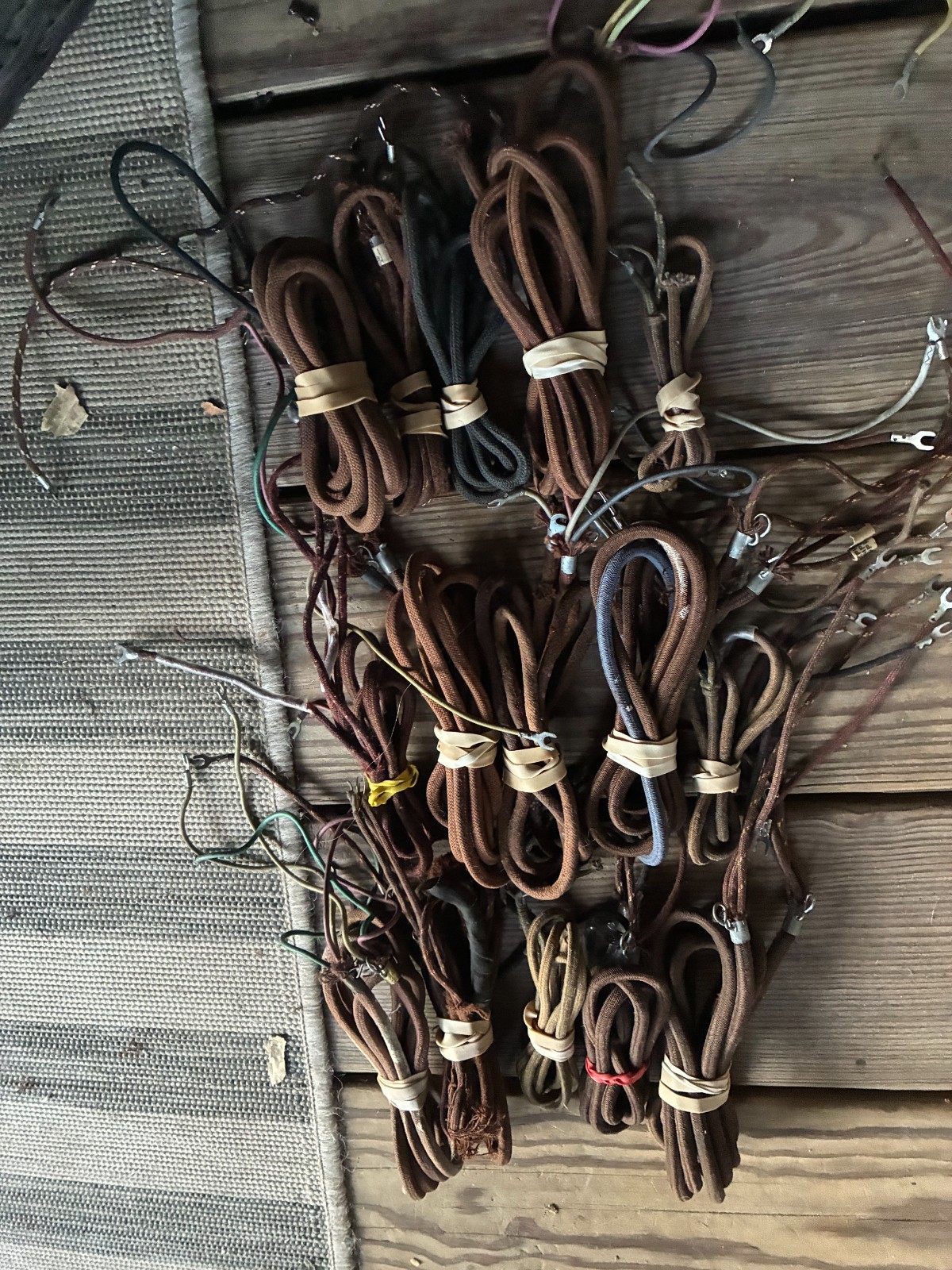 WESTERN ELECTRIC telephone cloth line cord lot of (15) frayed, cut spade tips