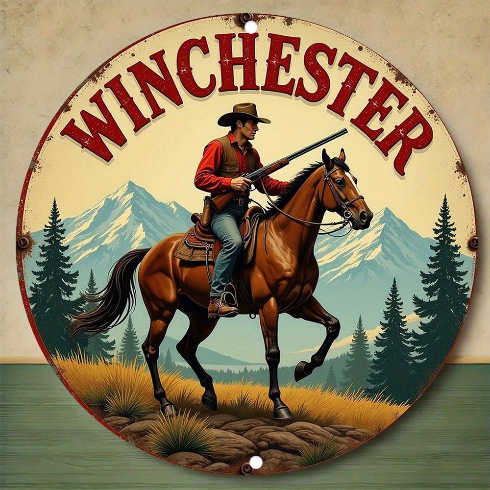 Winchester Round Rustic Cowboy Horseback Tin Metal Signs Home Décor 8x8