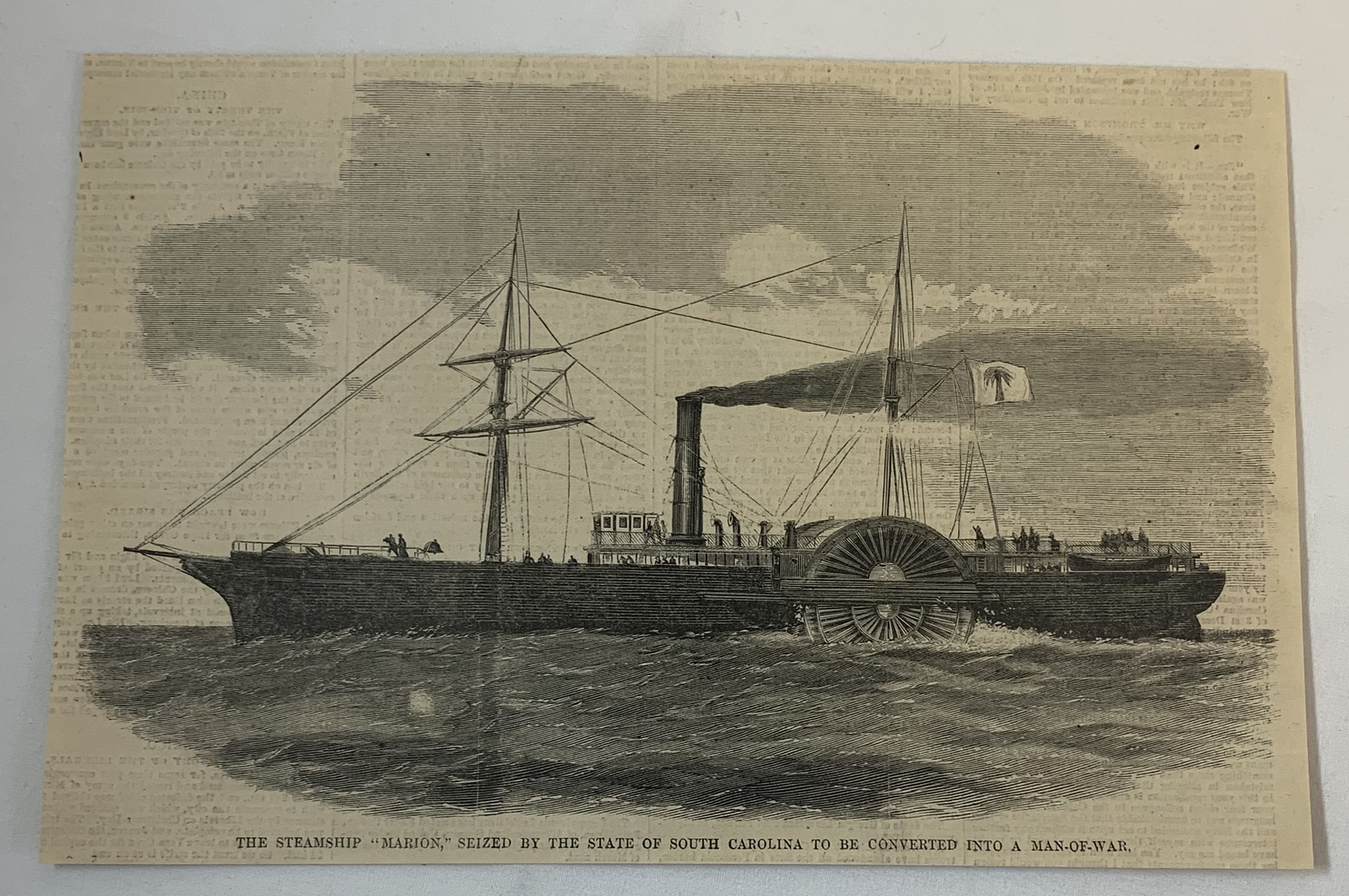 1861 magazine engraving~ THE STEAMSHIP 'MARION' Seized By South Carolina