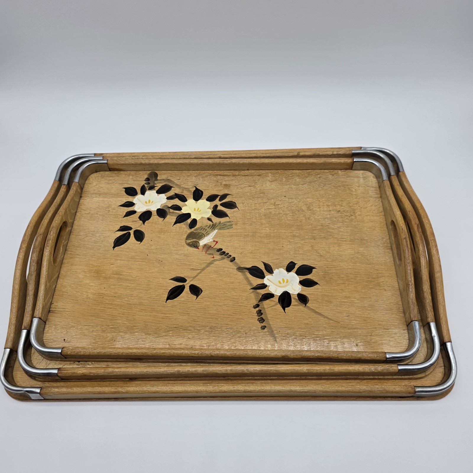 Vintage MCM Hand Painted Wood Nesting Trays Japan Asian Songbird Floral Set