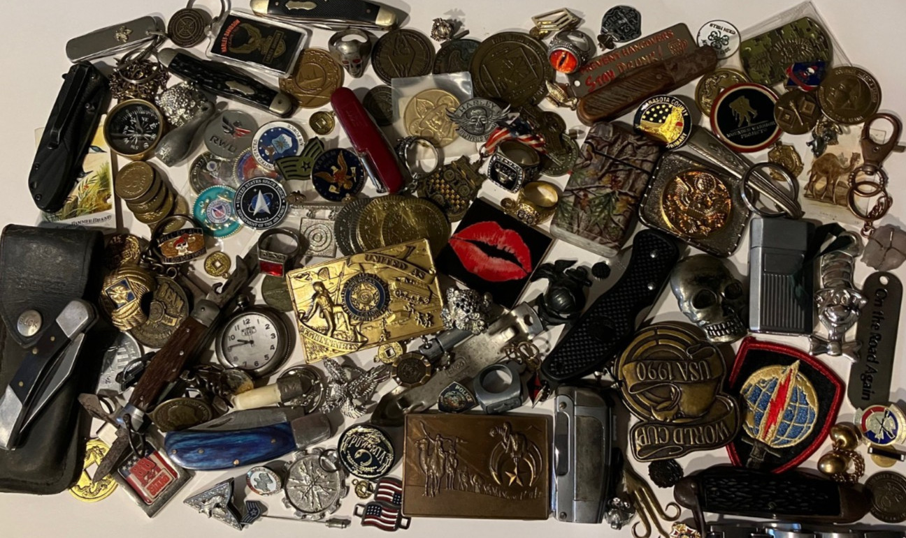 Vintage Junk Drawer Lot Pocket Knives Challenge Coins Rings Enamel Pins Lighters
