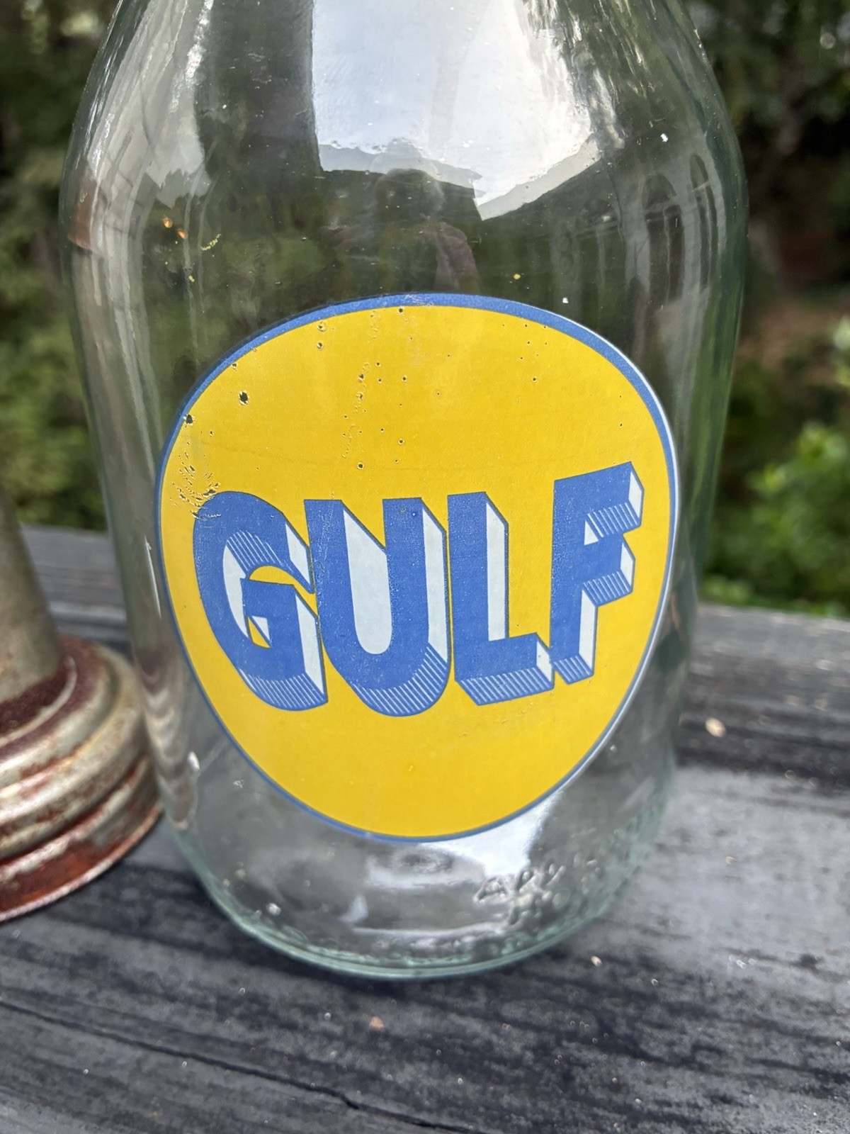 Gulf Glass Oil Bottle w/ Metal Pour Spout, Gas & Oil Yellow Blue