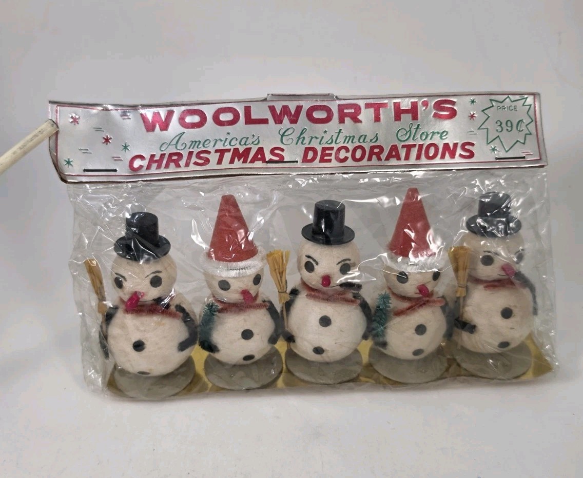 Vtg New Woolworth\'s Snowman Chenille Spun Cotton Japan NOS 1950s Set Package 