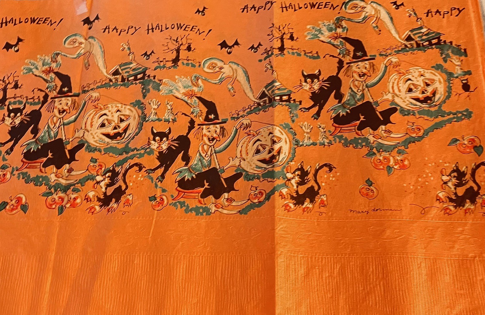 1 Rare Vintage Halloween Crepe Paper Tote 18x13” panel precut pieces signed used