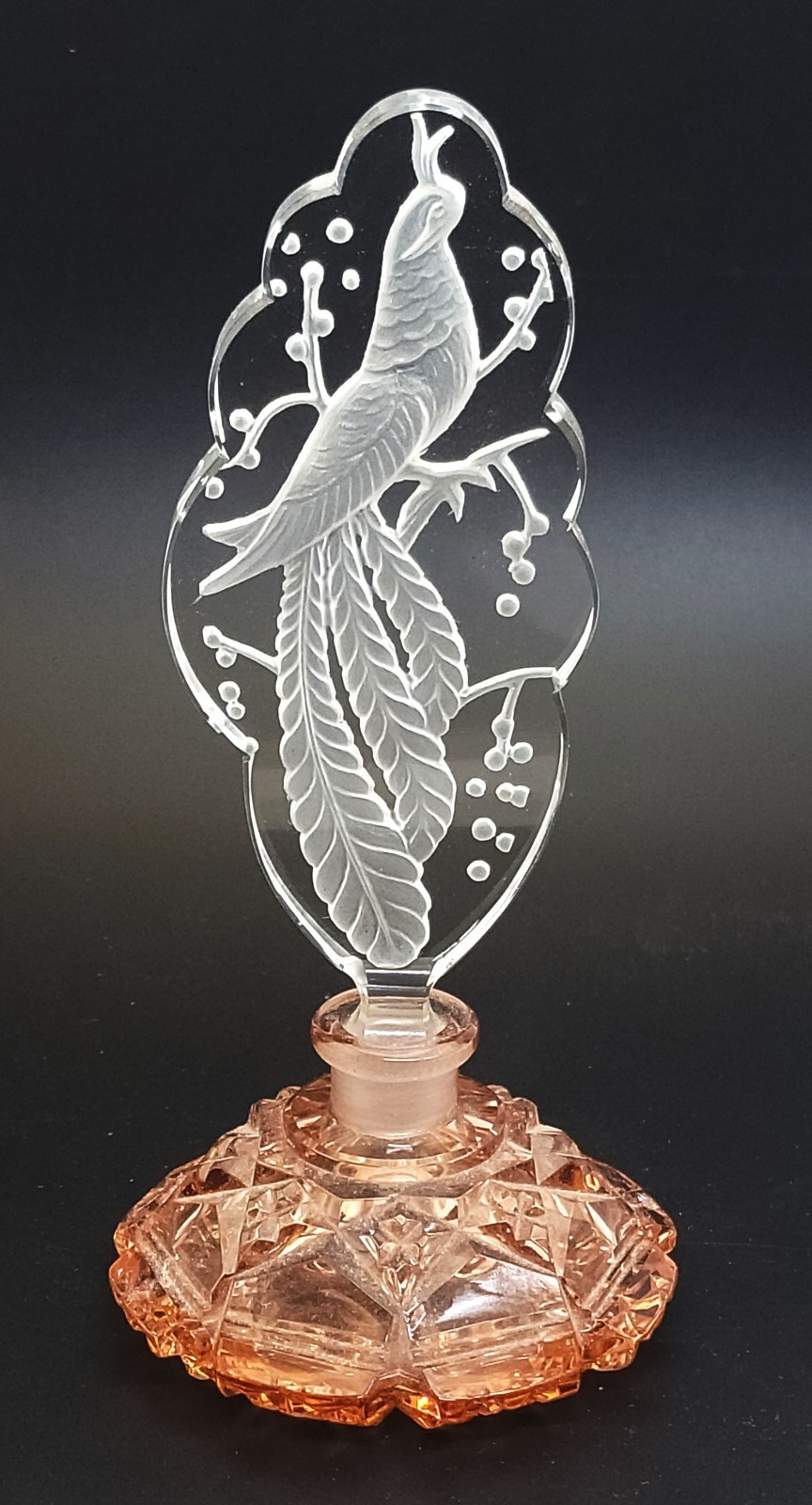 Antique 1930s Art Deco Bohemian Pink Cut Crystal Peacock Perfume Bottle Hoffman?