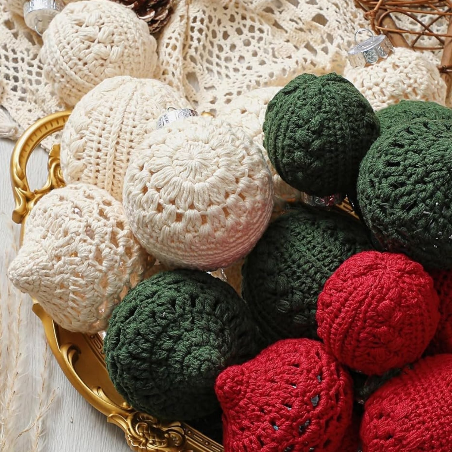 CHRISTMAS ORNAMENTS / CROCHET / ASSORTED STYLES & COLORS / SET of 24 ORNAMENTS