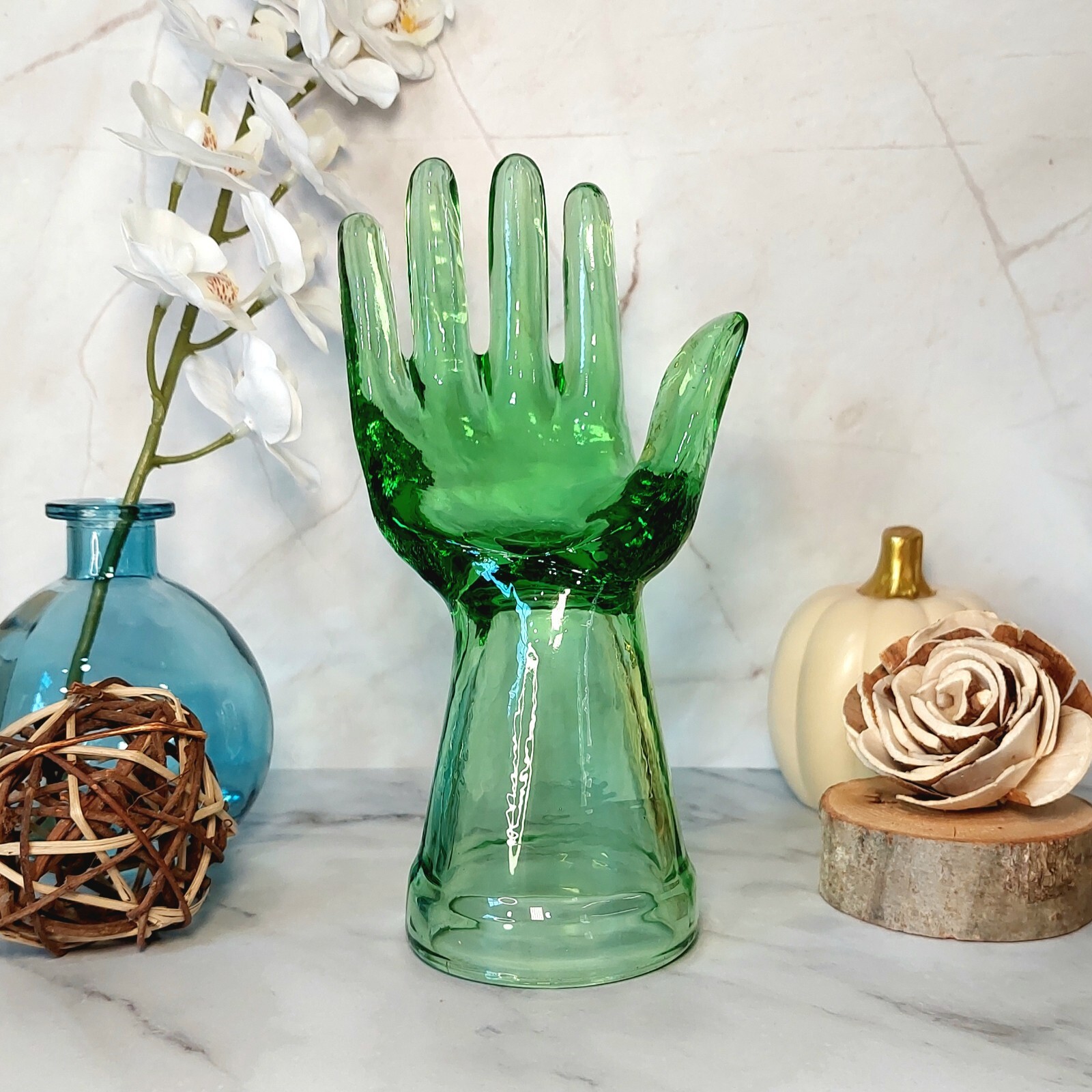 Green Depression Style Glass Hand Ring Holder, Jewelry Box, VTG Style, Retro