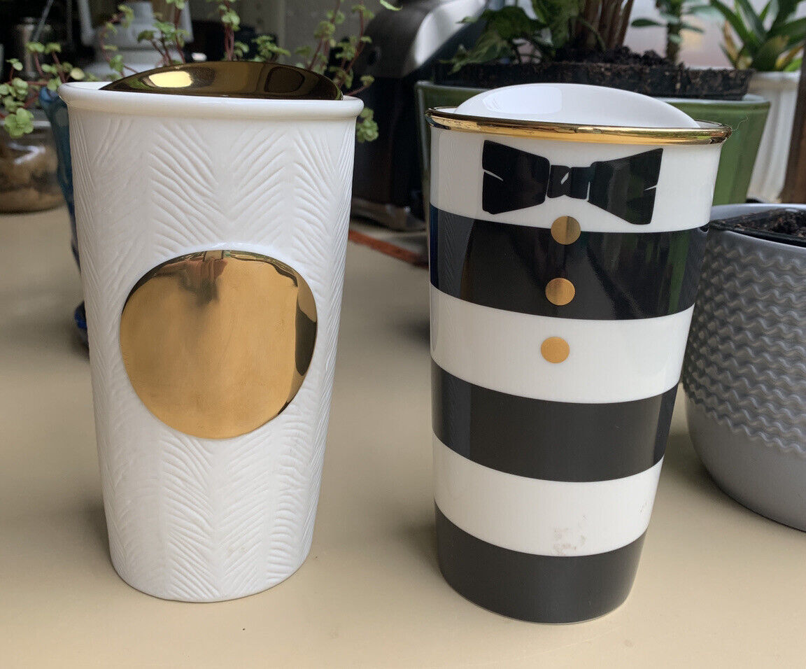 2x Starbucks Ceramic Tumbler Mug Bundle Tuxedo and White Etched Texture Gold Dot
