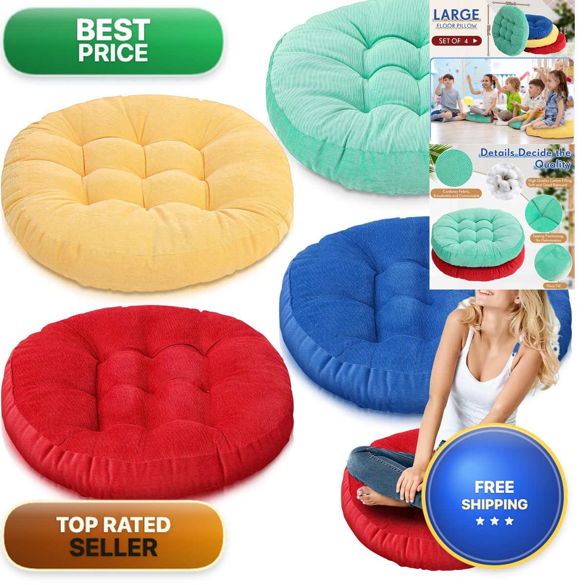 Jerify Floor Pillow Cushions Round Colorful 4 Pcs