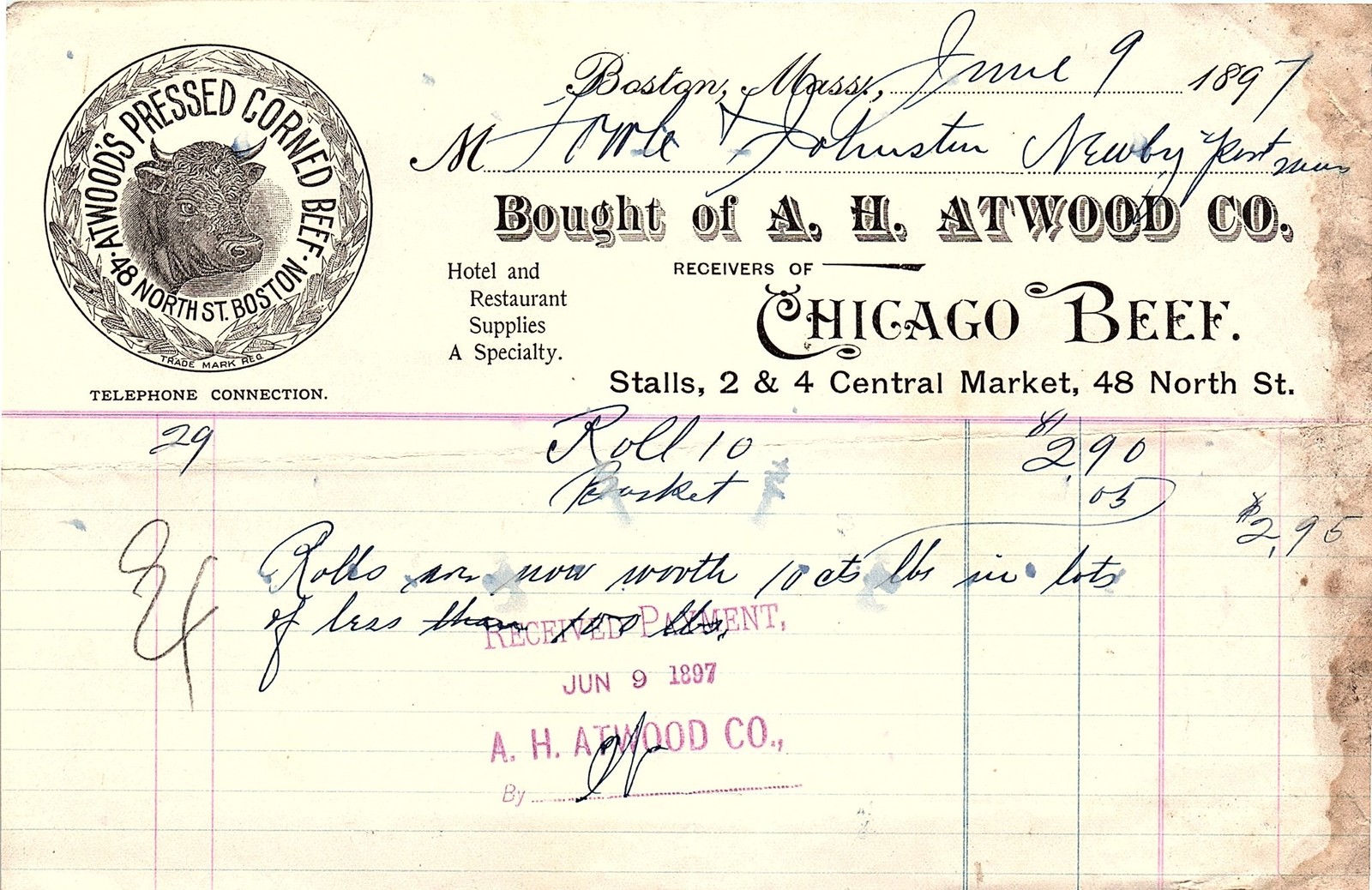 1897 Boston A. H. Atwood Co. Pressed Corned Beef Billhead