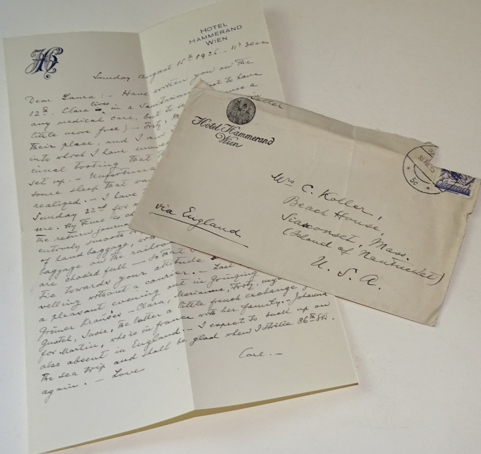 1926 Dr Carl Koller Discoverer of Local Anesthesia Letter Hotel Hammerand Vienna
