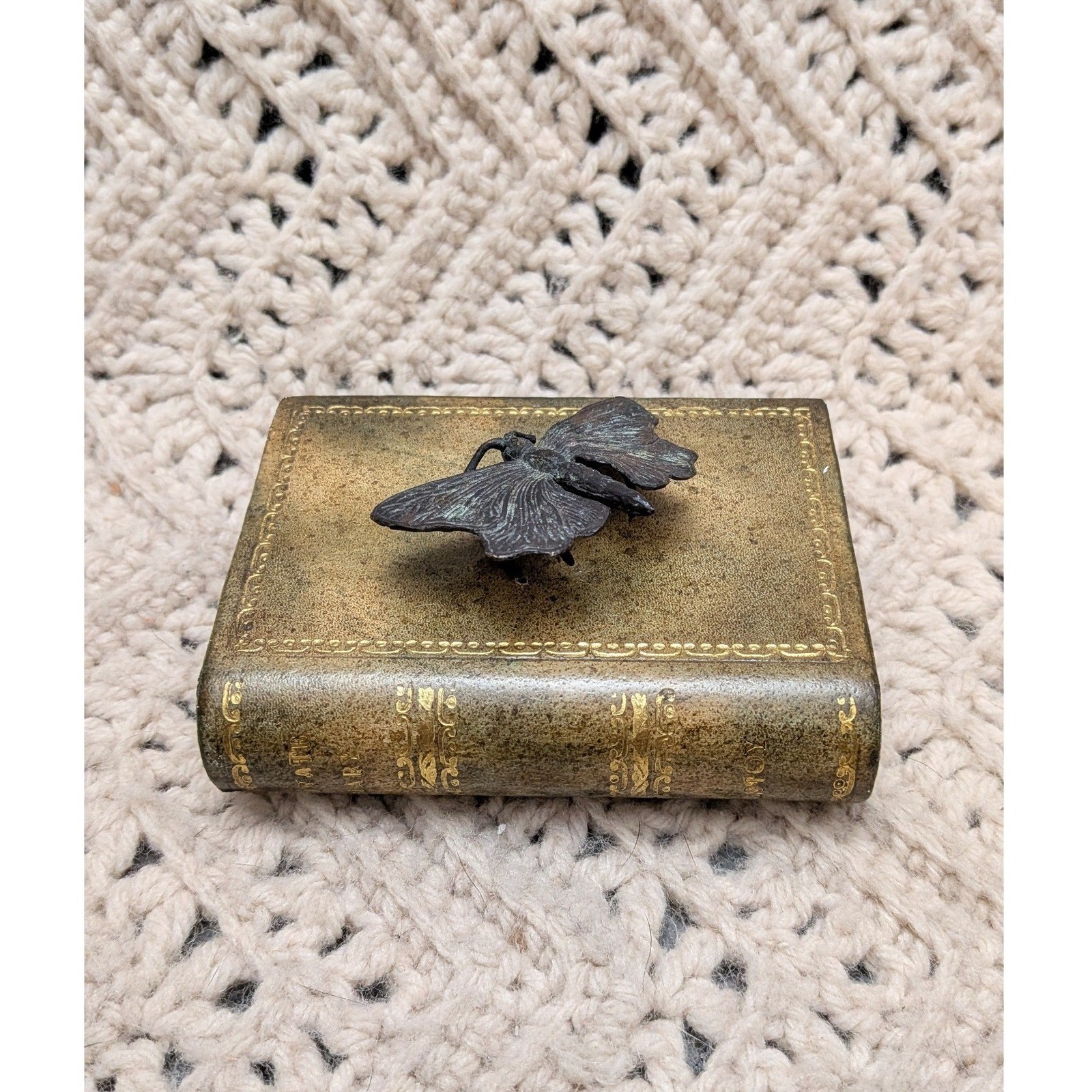 Vintage Maitland Smith Faux Leather Book Paperweight Bronze Butterfly Desk Decor