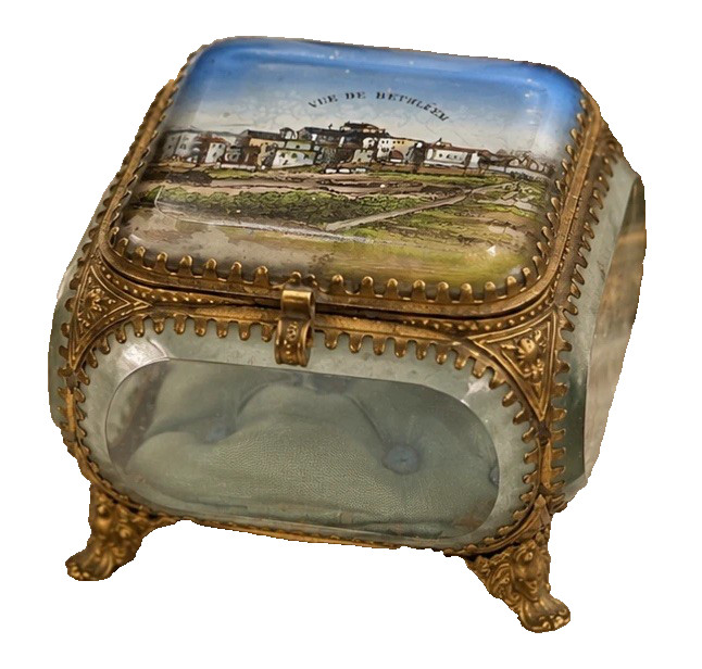 Antique French Opaline Glass Jewelry Casket Box Bethlehem Scene Ormolu Trinket