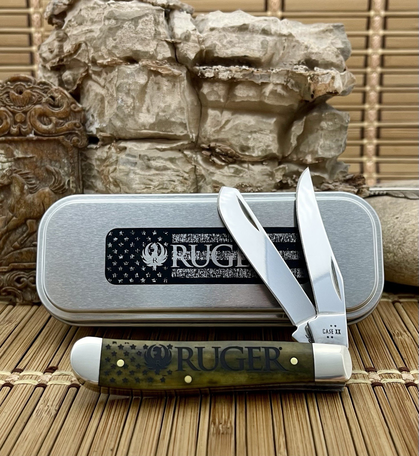 Case XX USA Smooth Olive Bone RUGER - MARLIN 53541 Mini Trapper Knife w/Tin