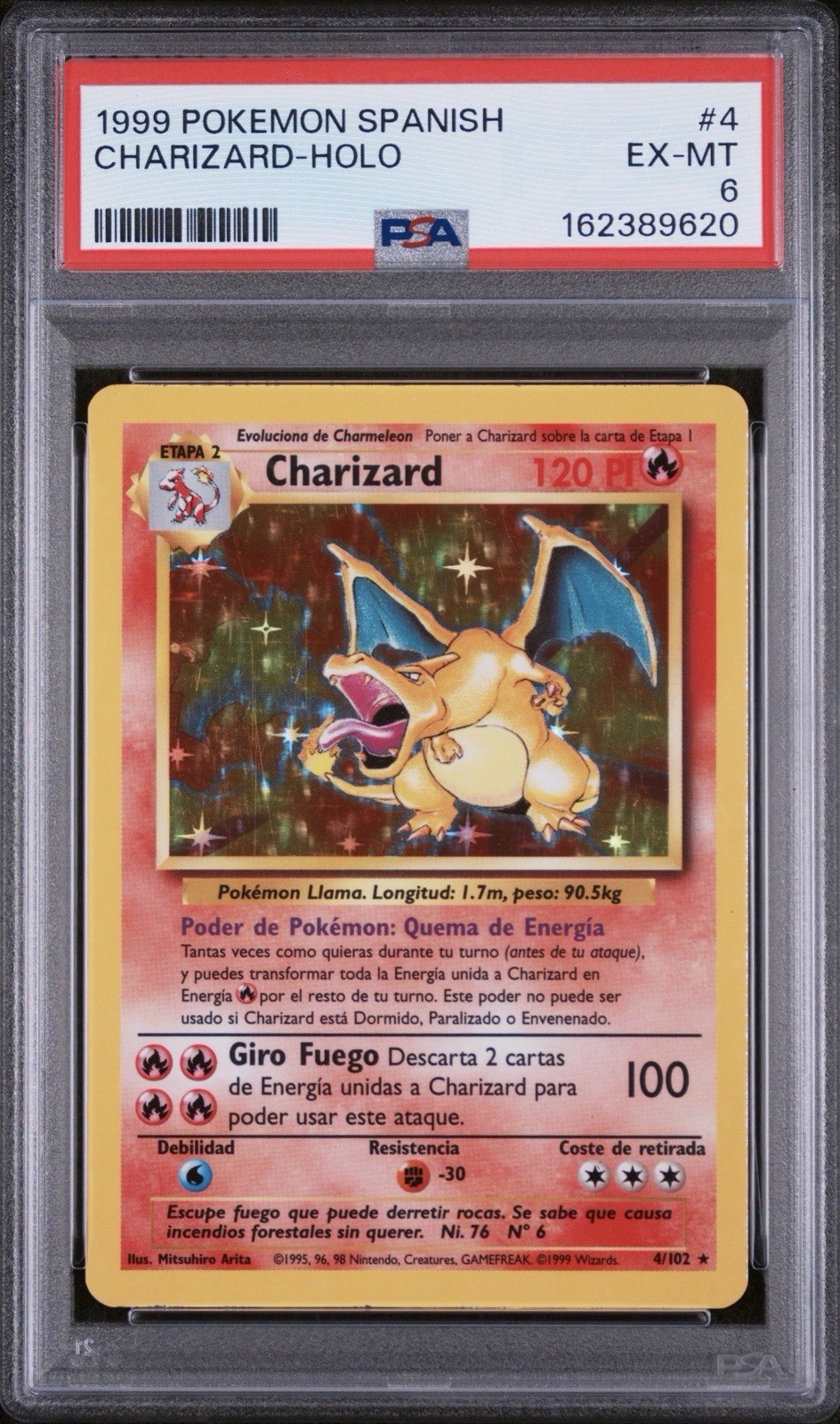 1999 Pokemon SPANISH Unlimited Base Set Charizard Holo 4/102 PSA 6 EX-MT