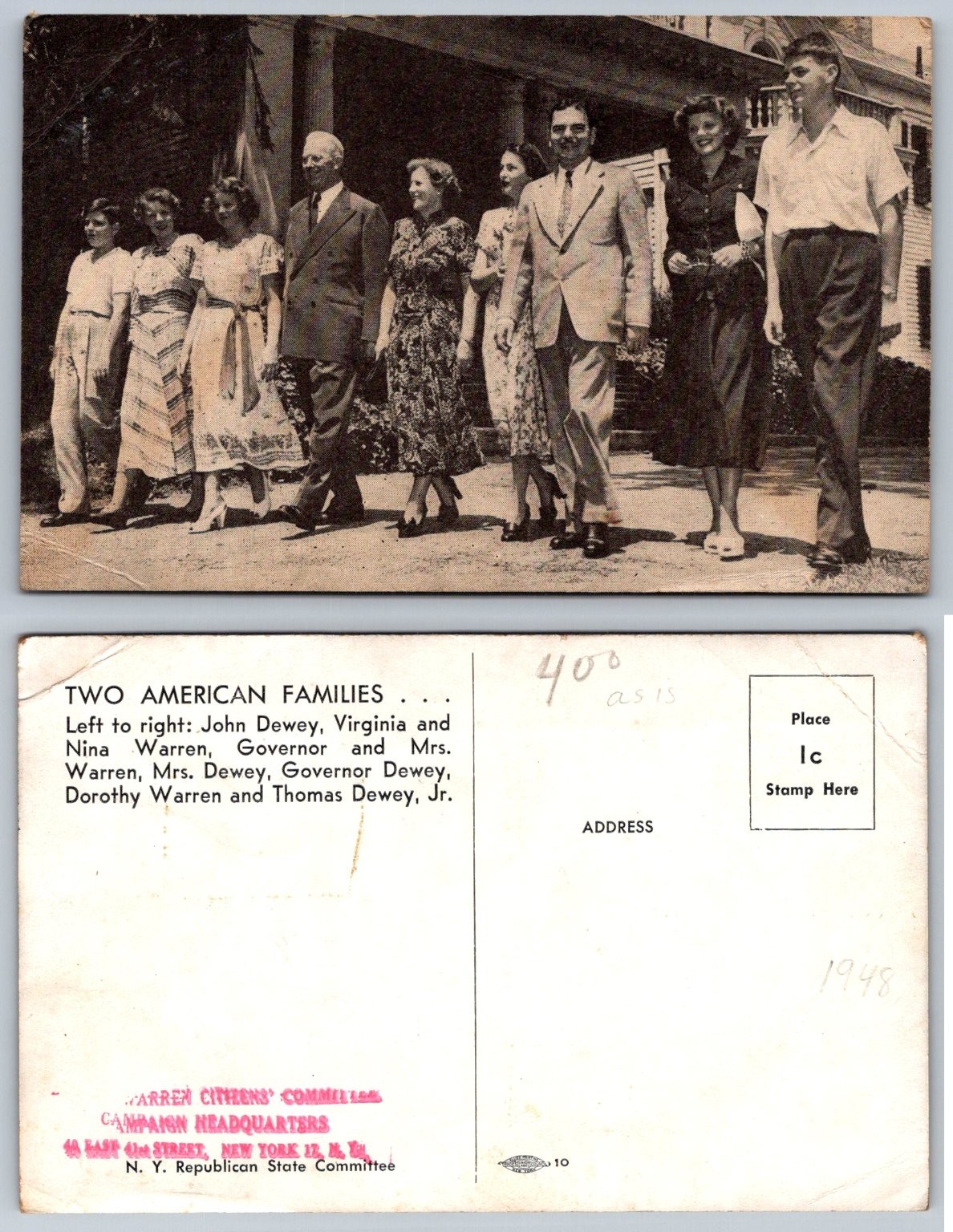 1948 RPPC Gov. Thomas E. Dewey & Earl Warren Families Political Campaign