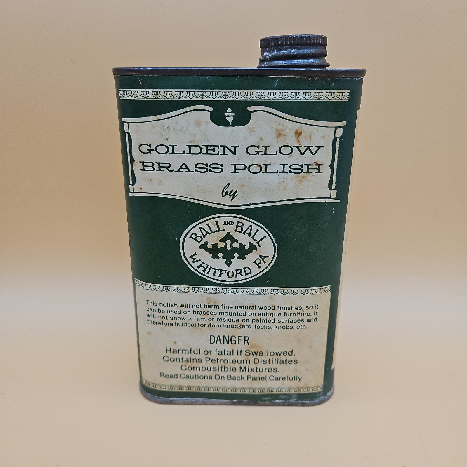 Vintage Golden Glow Brass Polish Bottle Metal Antique Movie Prop Whitford PA 