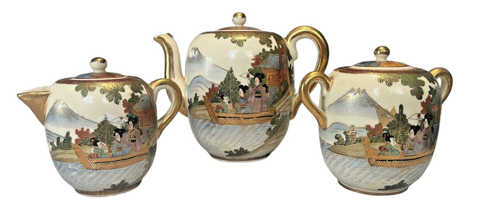 Antique Japanese Satsuma Teapot, Sugar & Creamer Set Hand Painted EUC