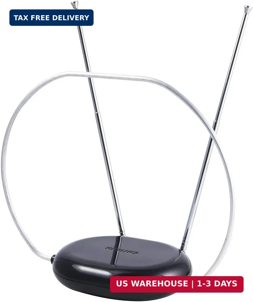 Philips Rabbit Ears Black Indoor TV Antenna, Dipole and Circular Loop, Tabletop