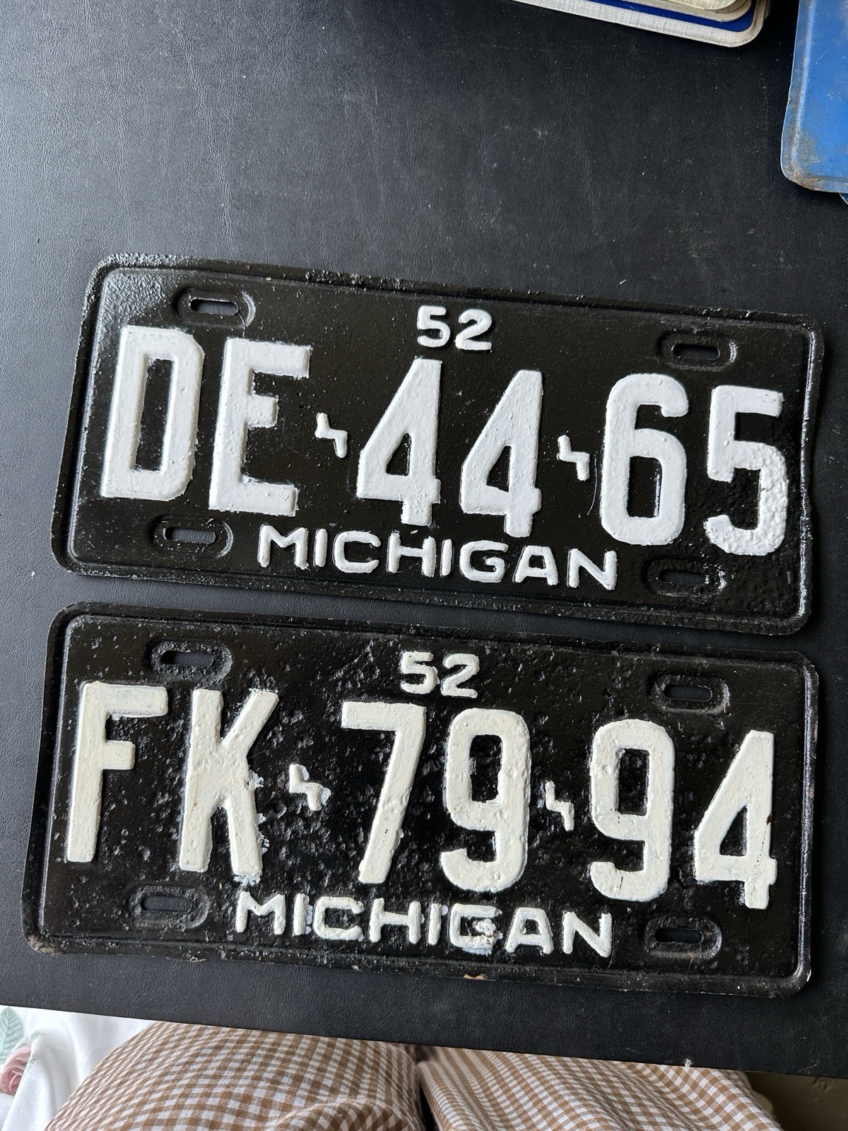 2 Vintage 1952 Michigan License Plates Restored Repainted Black White Pair