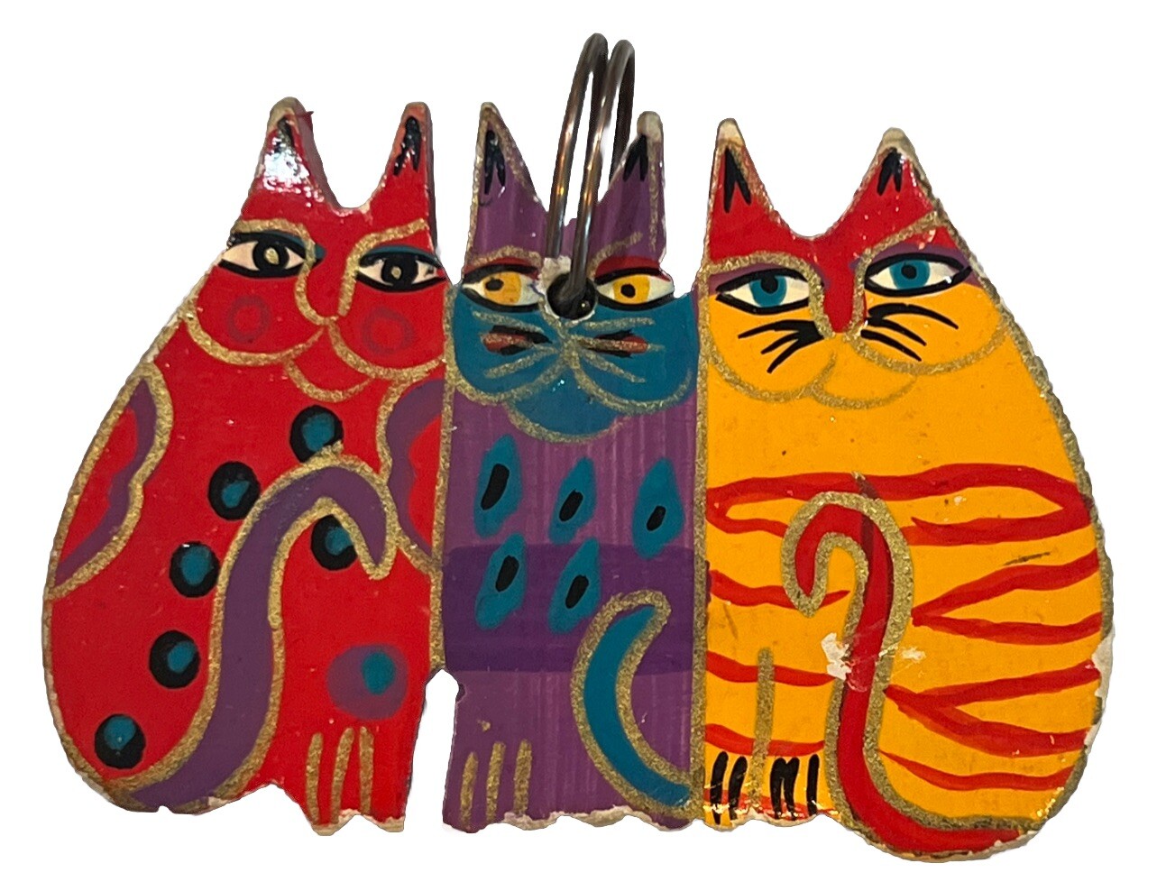 LAUREL BURCH Wood Cats Trio Pendant Ornament Charm Red Purple Yellow Gold