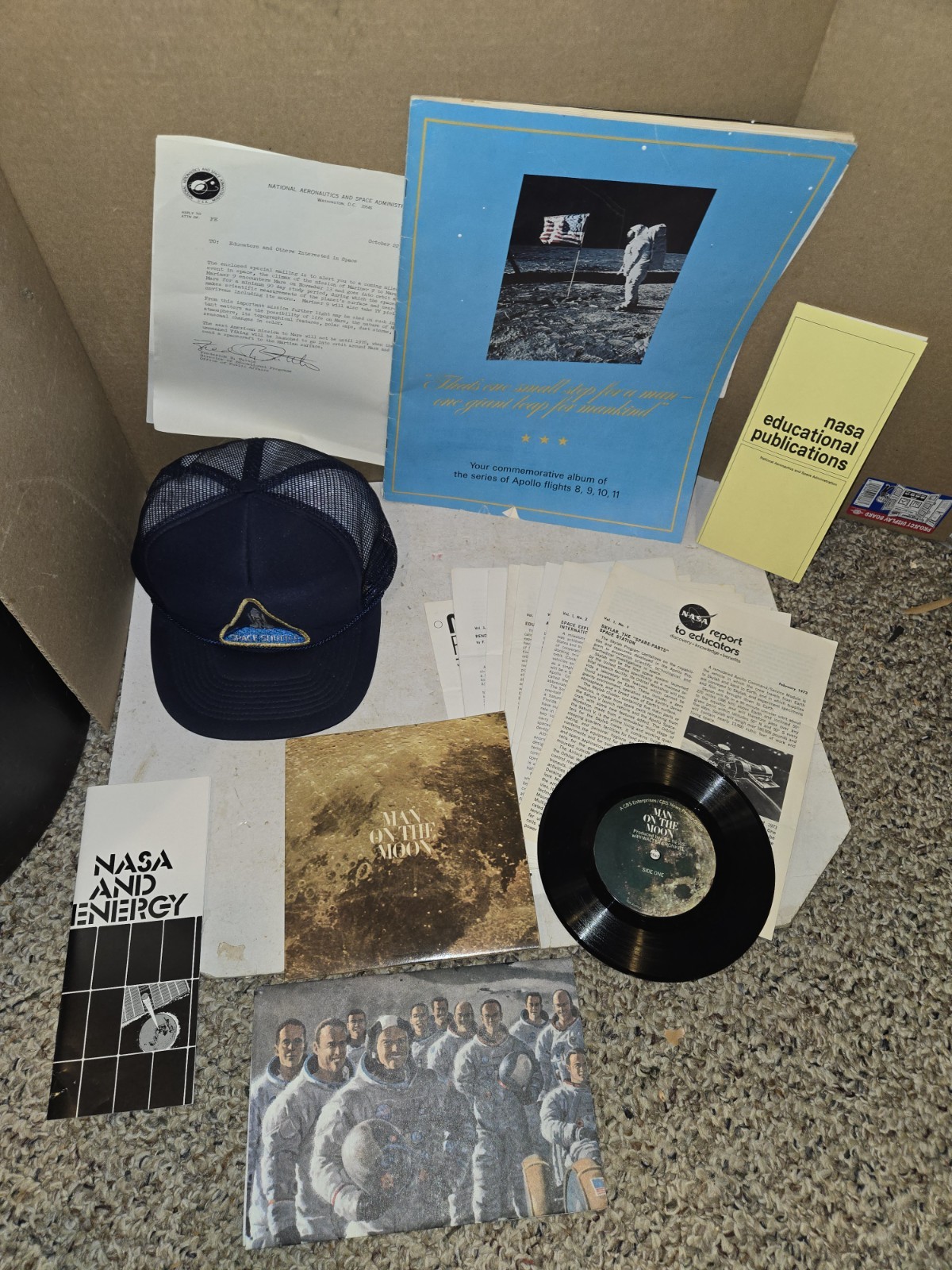 Vintage 60s NASA Ephemera,Photo Album,Trucker's Cap Hat,Ephemera,45 Vinyl Record