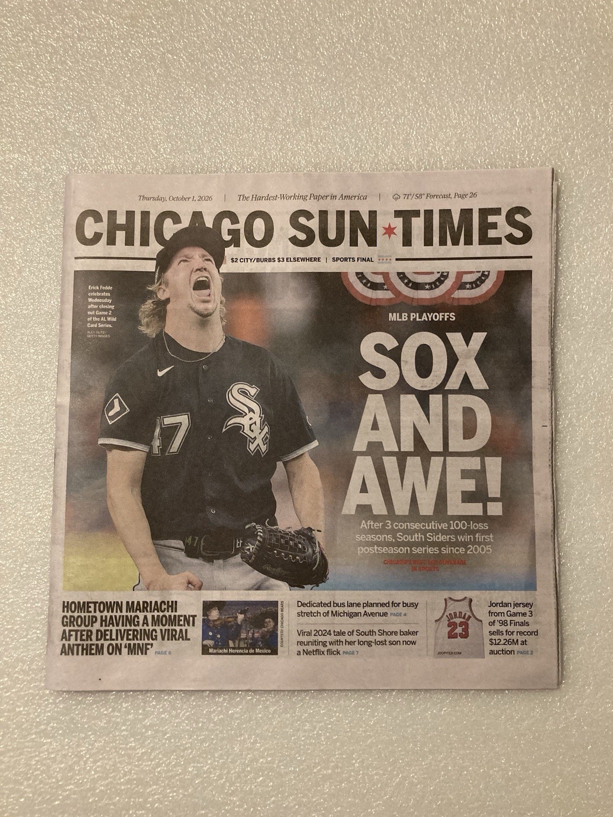 CHICAGO SUN-TIMES NEWSPAPER 10/1/2026 WHITE SOX WIN WILDCARD SERIES vs ASTROS