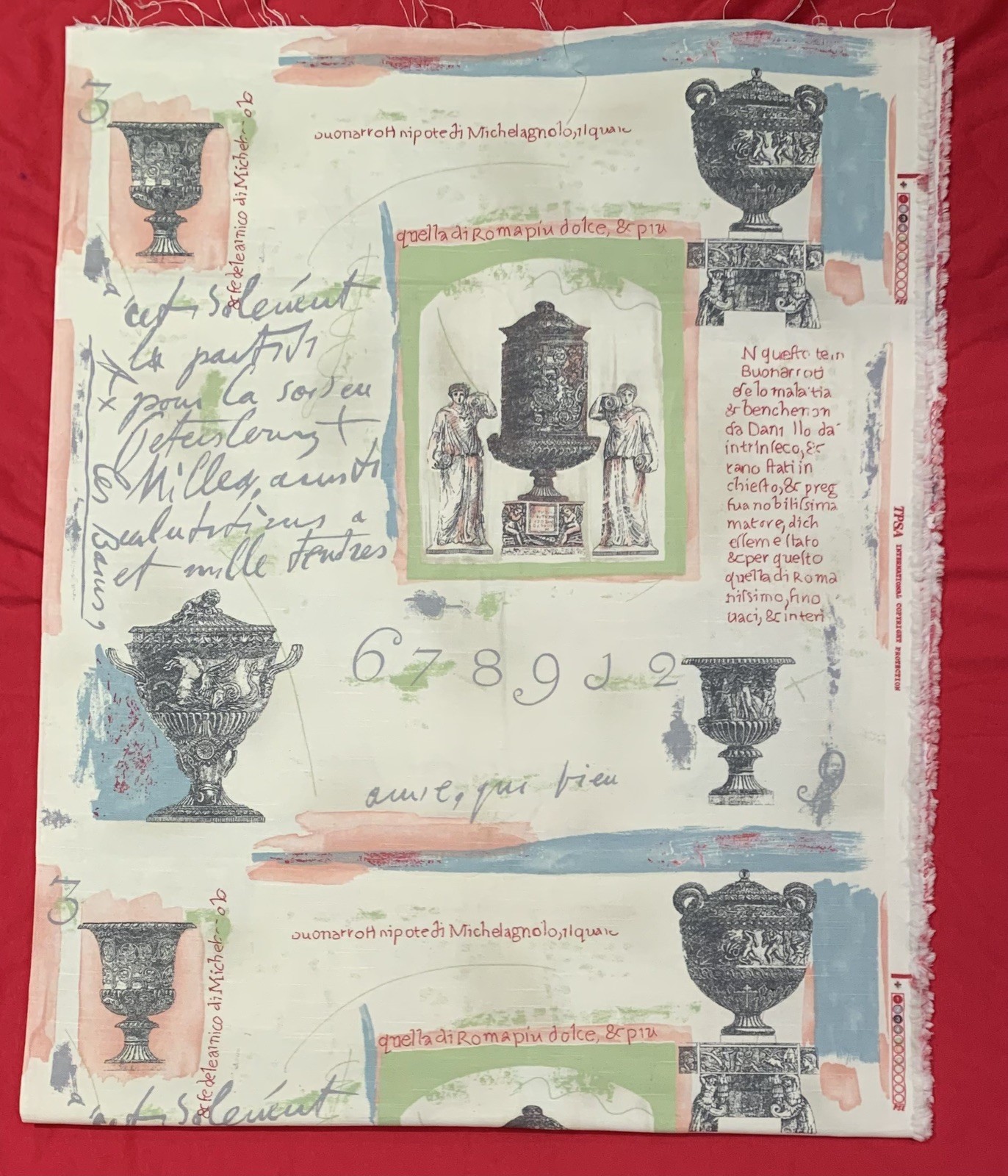 Linen TPSA International Fabric With Classical Urn Motifs ~Text In ItalianFrench