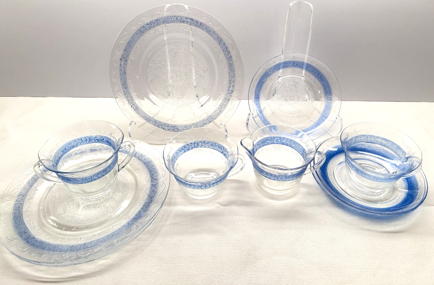 Macbeth-Evans Stippled Rose Blue Band Depression Glass 10 pc Set S Pattern 1930