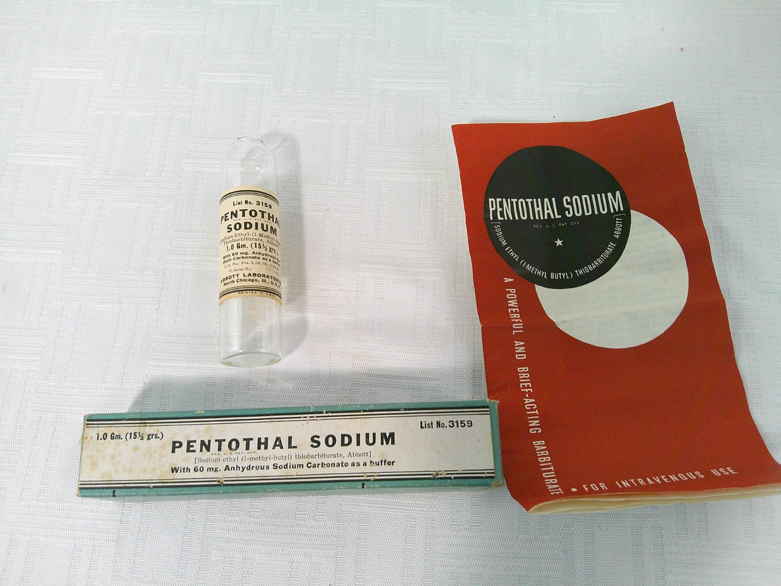 RARE Vtg EMPTY Pentothal Sodium, Box, Glass Ampoule, Directions, Truth Serum