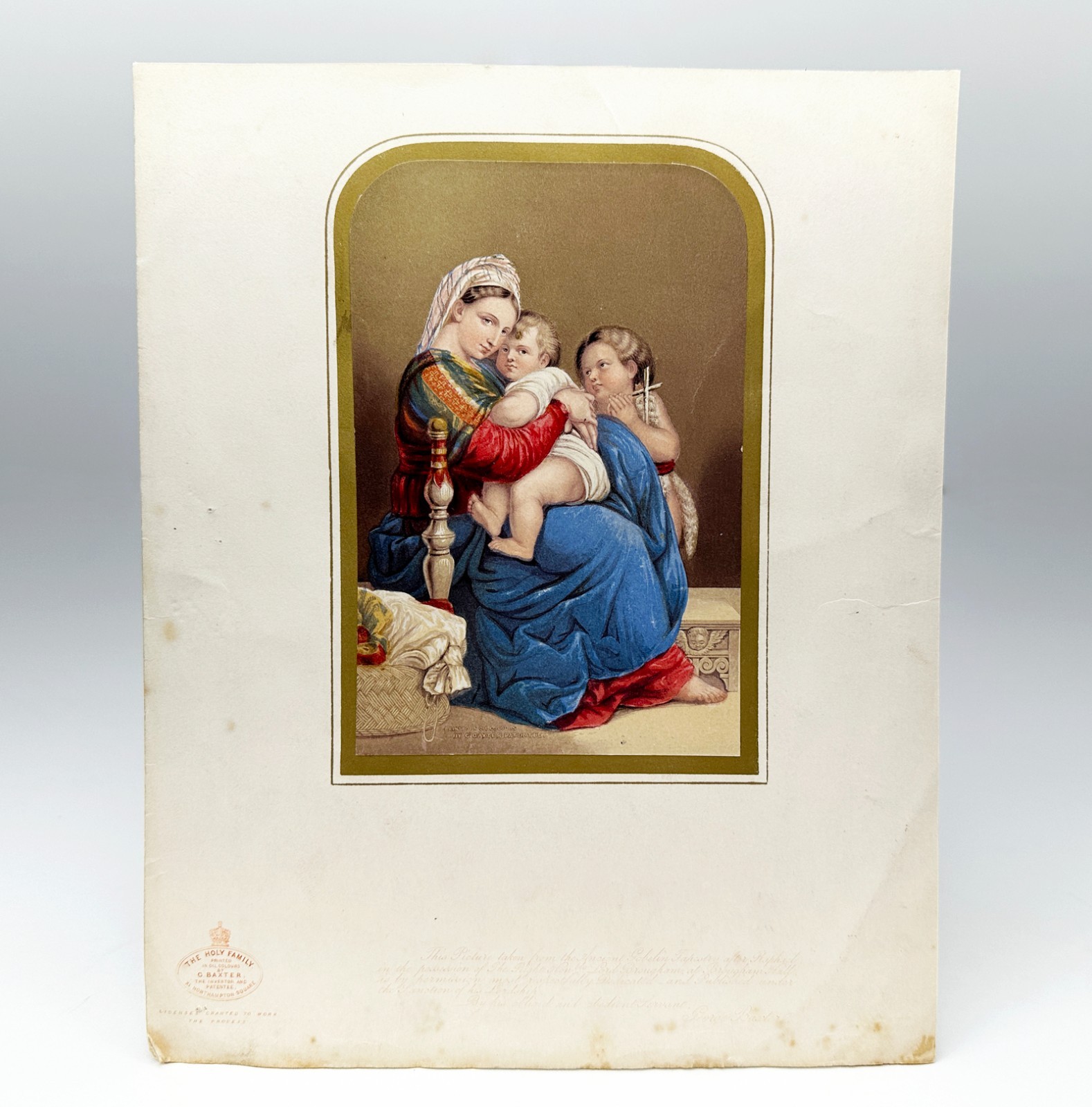 Antique George Baxter The Holy Family Oil Color Print Raphael c1849-1850 Mounted