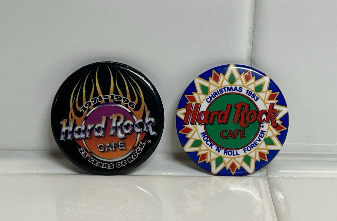 Vintage Hard Rock Cafe Pinback 2 Button Lot 1993 Christmas - 1996 25 Years Rock