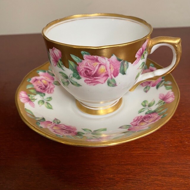 Vtg SALISBURY Pink Roses Tea Cup and Saucer Set Bone China England Pink Gold