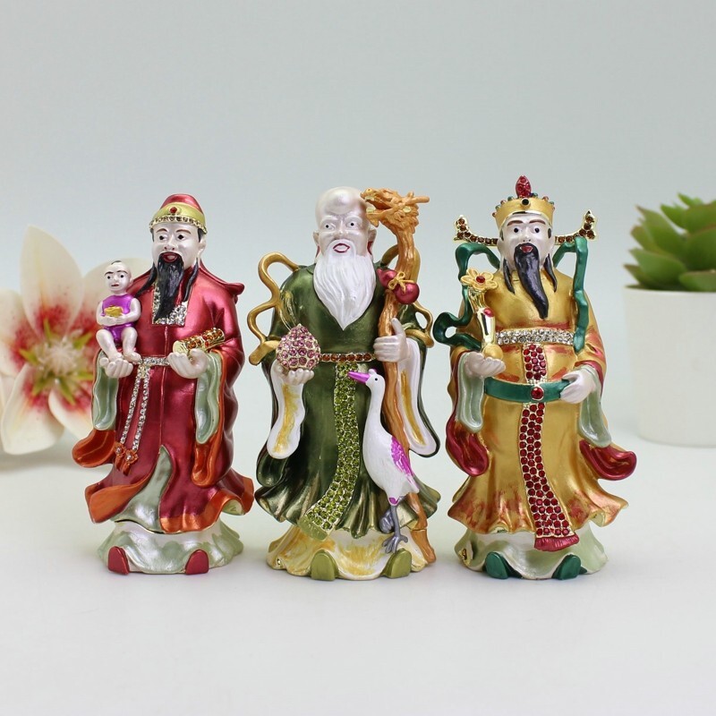 Enamel Fu Lu Shou Feng Shui Ornament - Metal Craft Lucky Statue 3pcs/set