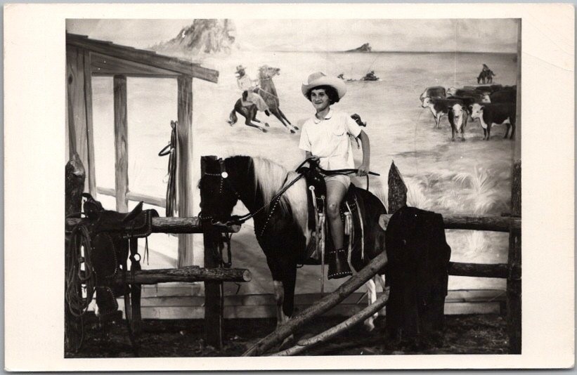 c1950s RPPC Real Photo Postcard Girl on Stuffed Horse Statue / Location Unknown