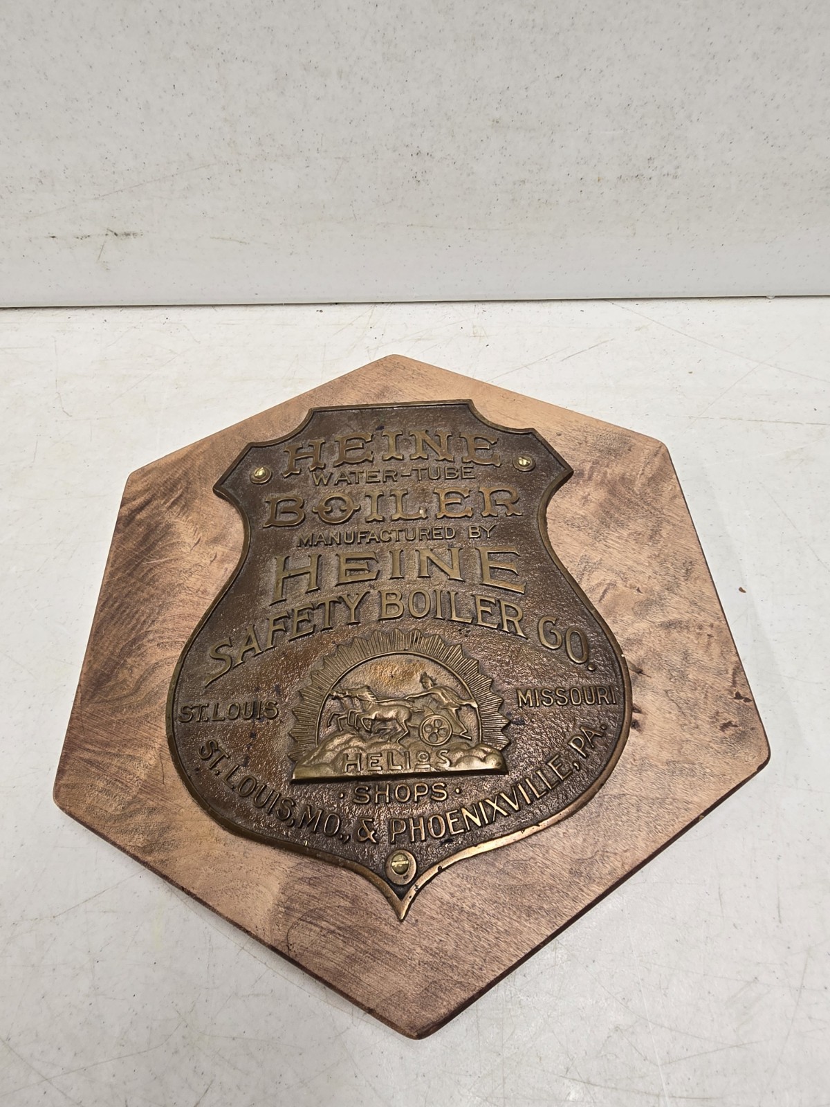 Antique 19C Heine Safety Boiler St Louis MO Advertising Brass Helios Plaque Sign