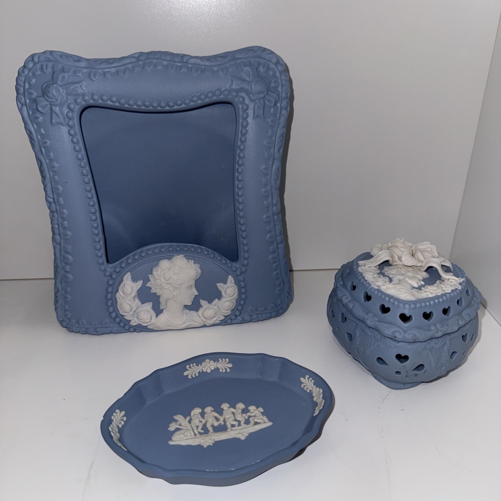 3 Vintage Wedgewood Pieces. Trinket Box, a Jewelry Dish, and and Picture Frame