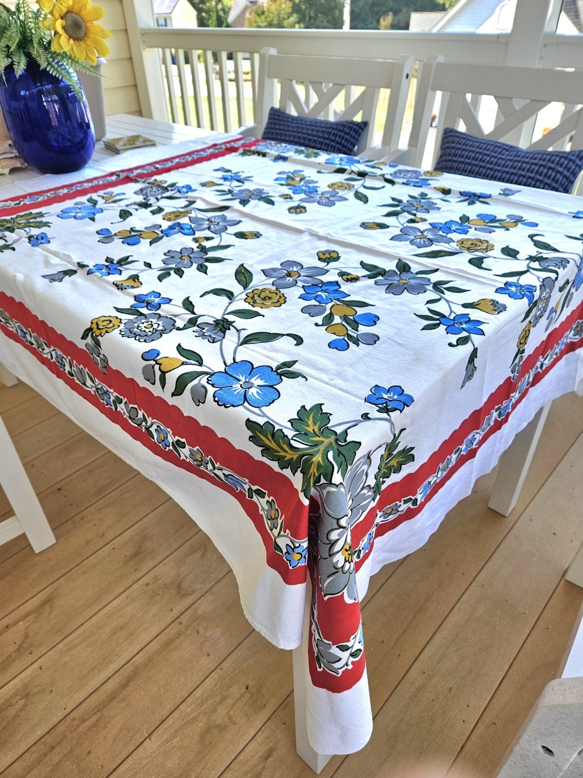 Vtg 50's Startex Tablecloth Blue Flowers Red Border NICE 46