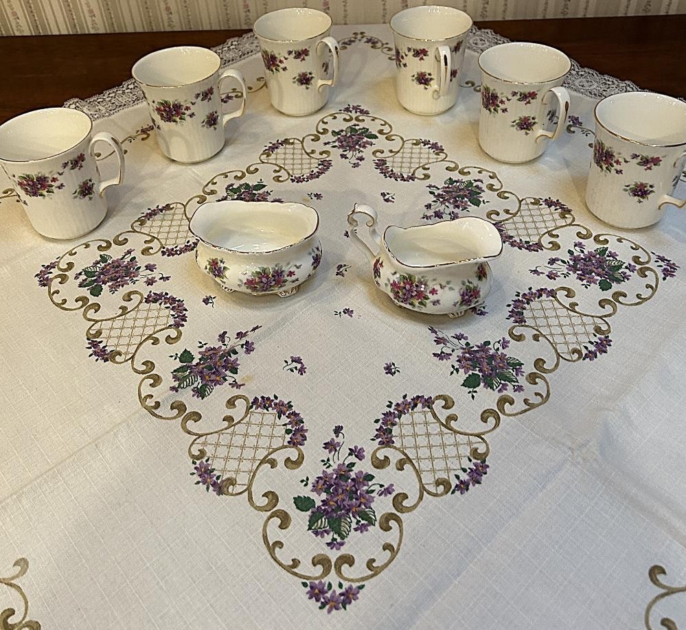 Royal Albert Violet Violetta 6 Coffee Mugs, Cream & Sugar & Matching Tablecloth