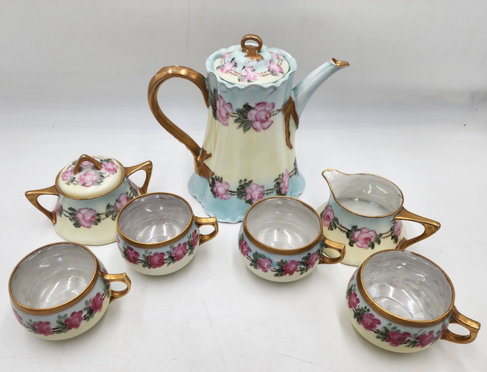 Antique Z.S. &  C Bavaria Teapot Set Of 7 Floral Rose Design