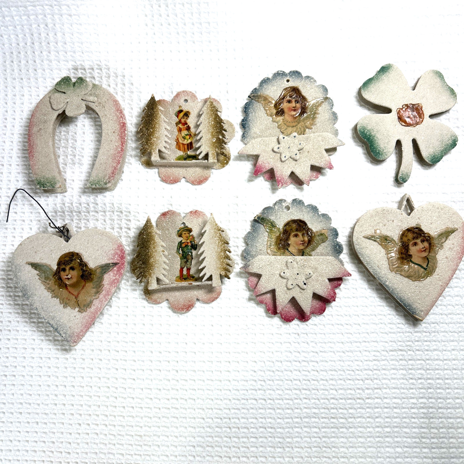 Vtg 1940s Germany WWII Christmas Ornaments Venetian Dew Cardboard Lot of 8
