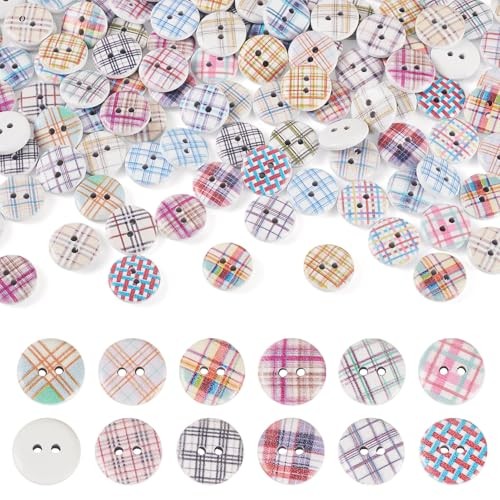 200Pcs Natural Wood Buttons Plaid Pattern 2-Hole Crafting Flat Round Sewing